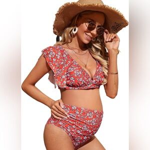 Maternity Two Piece Swimsuit Floral Ruffle Sleeve High Waisted Bikini Set
